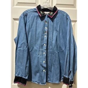 Cabin Creek Denim Shirt‎ Women Large Blue Floral Embroidered Velvet Trim Vintage